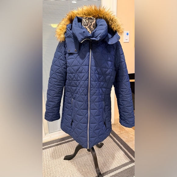 Quilted Blue womens Jacket with Faux Fur Trim size xl, color dark blue preowned - Picture 2 of 10
